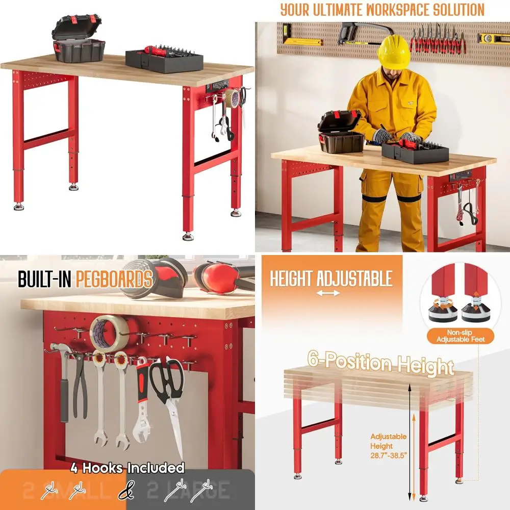 منضدة عمل شديدة التحمل قابلة للتعديل مع 4 منافذ طاقة USB، سعة 2000 رطل، سطح خشبي مطاطي، مصنوعة للاستخدام الصناعي #1