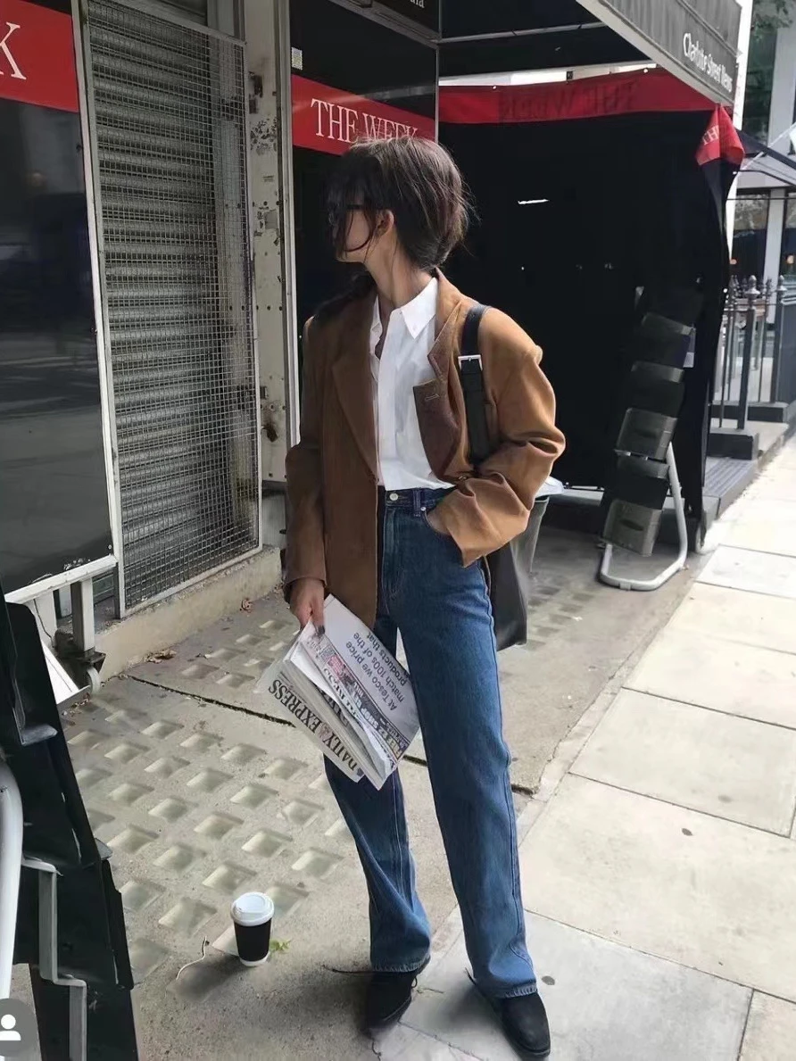 

Thebarnnet, свободные прямые джинсы, женские повседневные брюки, длинные брюки с высокой талией, корейские брюки, анти-жилые, глубокий цвет