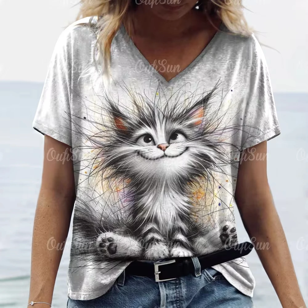 Women's T Shirt Cute Cat 3d Print T-shirt Women Fashion Casual Short Sleeve T-shirts V-Neck Animal Tops Tees Summer tshirt New