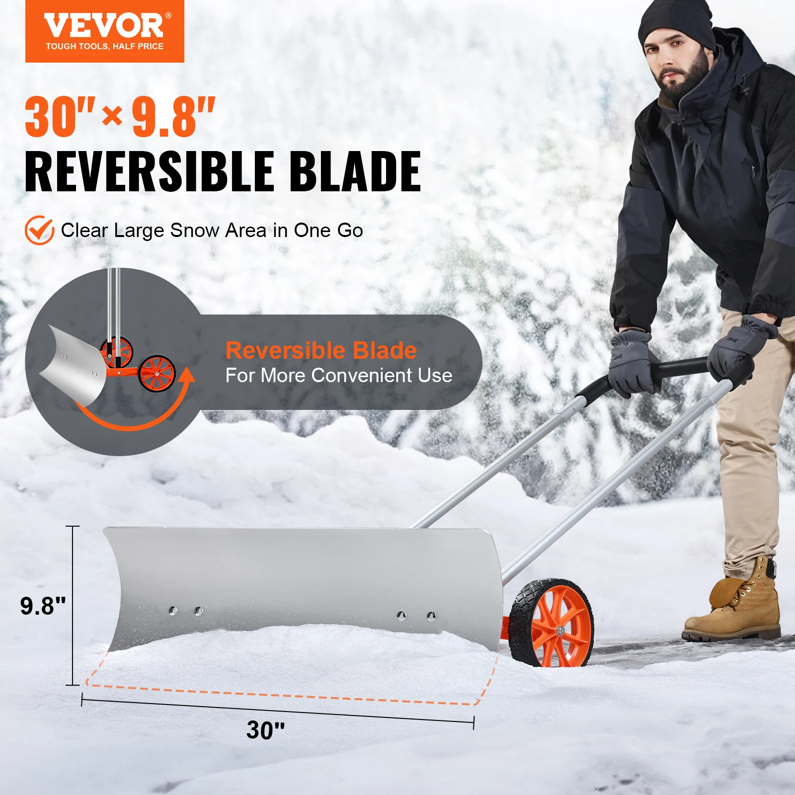 VEVOR Snow Shovel 30 inch Snow Shovel for Driveway Metal Snow Shovel Pusher for Snow Removal Shovel Pusher w/Wide Blade&Wheels