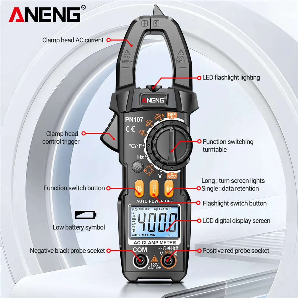 ANENG PN107 Digital Clamp Meter 600A AC Current Tester Voltmeter Ammeter NCV Diode with Temperature Frequency Professional Tool