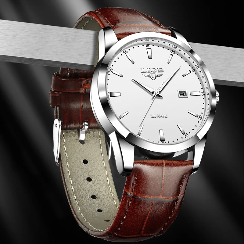LIGE クォーツマンウォッチファッションシンプルなレザートップブランドの高級日付軍事発光防水カジュアルスポーツビジネス腕時計