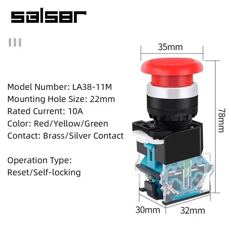 LA38-11M/MT الفطر رئيس افتتاح 22 مللي متر إعادة تعيين لحظة مفتاح بـزر دفع 10A بدء وقف أحمر أصفر أخضر 1NO1NC