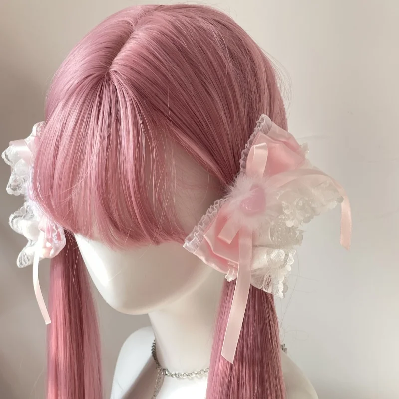 1 par nova lolita artesanal rosa laço arco headpiece pele doce clipe y2k menina amor bowknot duplo rabo de cavalo grampo de cabelo acessórios