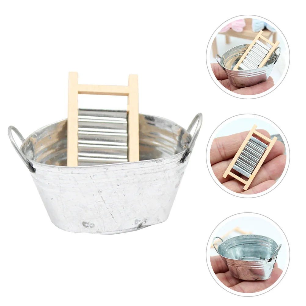 

1Set Miniature Mini House Iron Wood Bucket Washboard Decorative Realistic Landscape Mini Garden Accessory for Kids Home