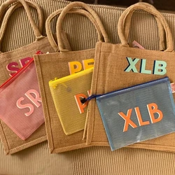 Bolsas de yute con monograma personalizado para la playa, bolsa de mano con nombre personalizado para la piscina, artículos de aseo, regalos para dama de honor