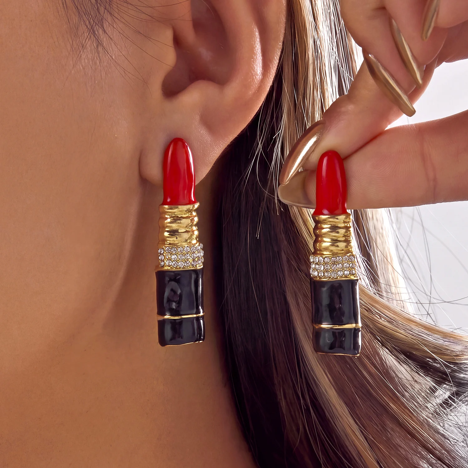Funny Red Lipstick Shape Dangle Earrings For Women Sparkly Rhinestone Enamel Drop Earring Cosmetics Makeup Theme Jewelry Gift