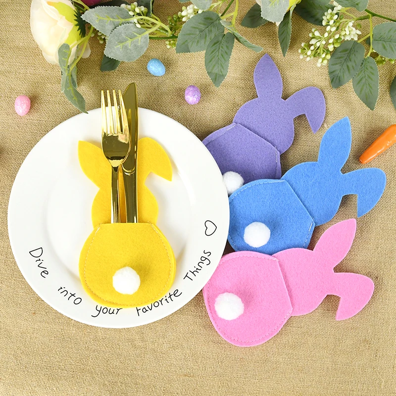 4Pcs Easter Bunny Cutlery Bag Cartoon Rabbit Felt Knife Fork Cover Cutlery Set Tableware Utensil Holders Bags Easter Decoration