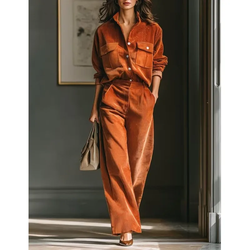 Casual Solid Color Two-piece Set For Women Autumn Retro Fashion Corduroy Long-sleeved Shirt Wide-leg Pants Lady Commuting Outfit