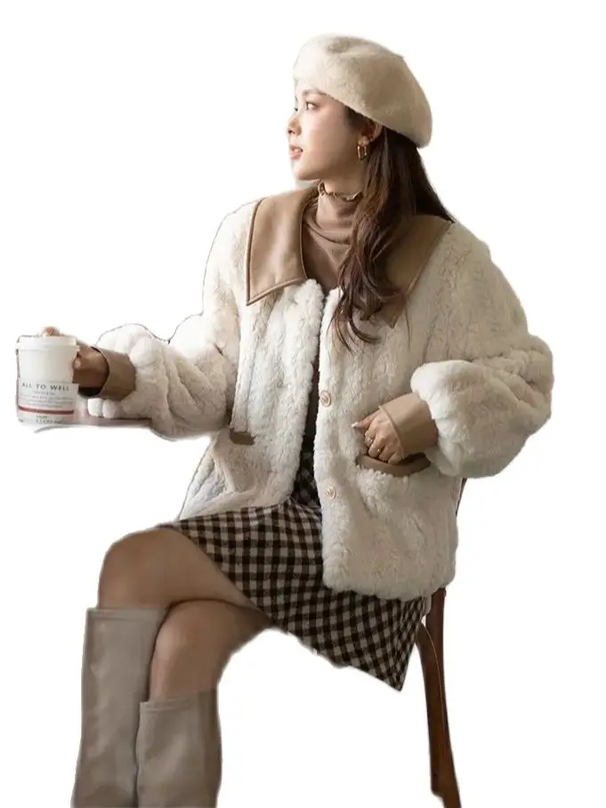 Corea moda piccola fragranza cappotto imitazione agnello pile addensare caldo monopetto cappotto donna colletto rovesciato cappotto di pelliccia sintetica