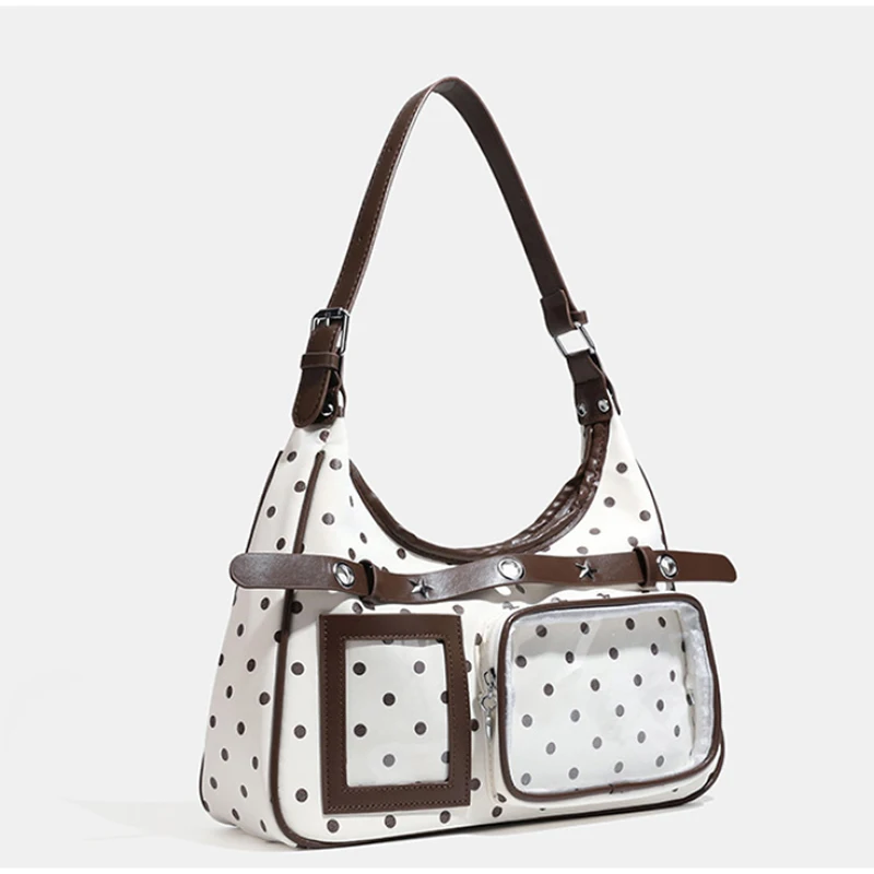 Polka Dot Ita Bag mit transparentem Sichtfenster, Damen-Schultertasche mit Patchwork-Gürtelschnalle, süße, niedliche, lässige Alltagstasche – Detail 11