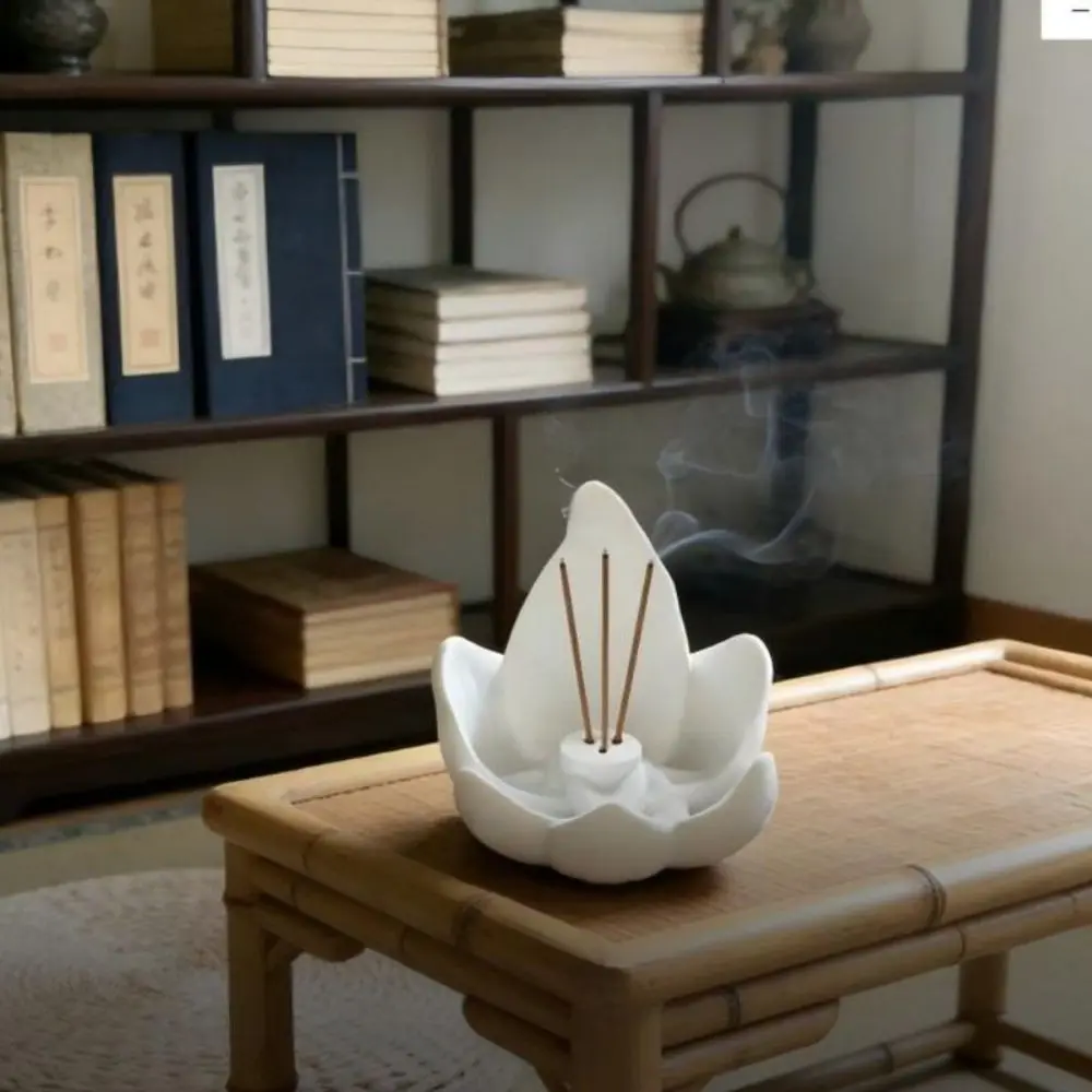 Creative Lotus Incense Burner Petal Structure Floral Decorative Incense Holder Freestanding Glossy Finish Aromatherapy Burner
