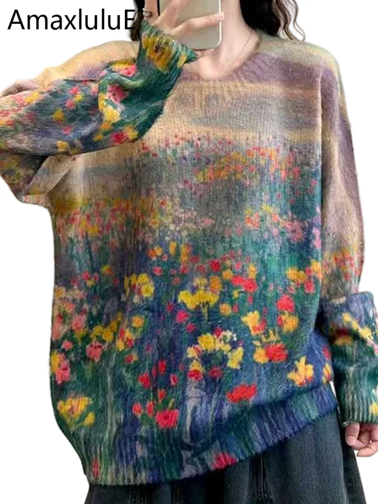 

Amax LuluE 2025 Winter Fashion Cartoon Printed Jumpers Womens Korean Oversized Casual Sweaters Ladies Vintage Classic Pullover