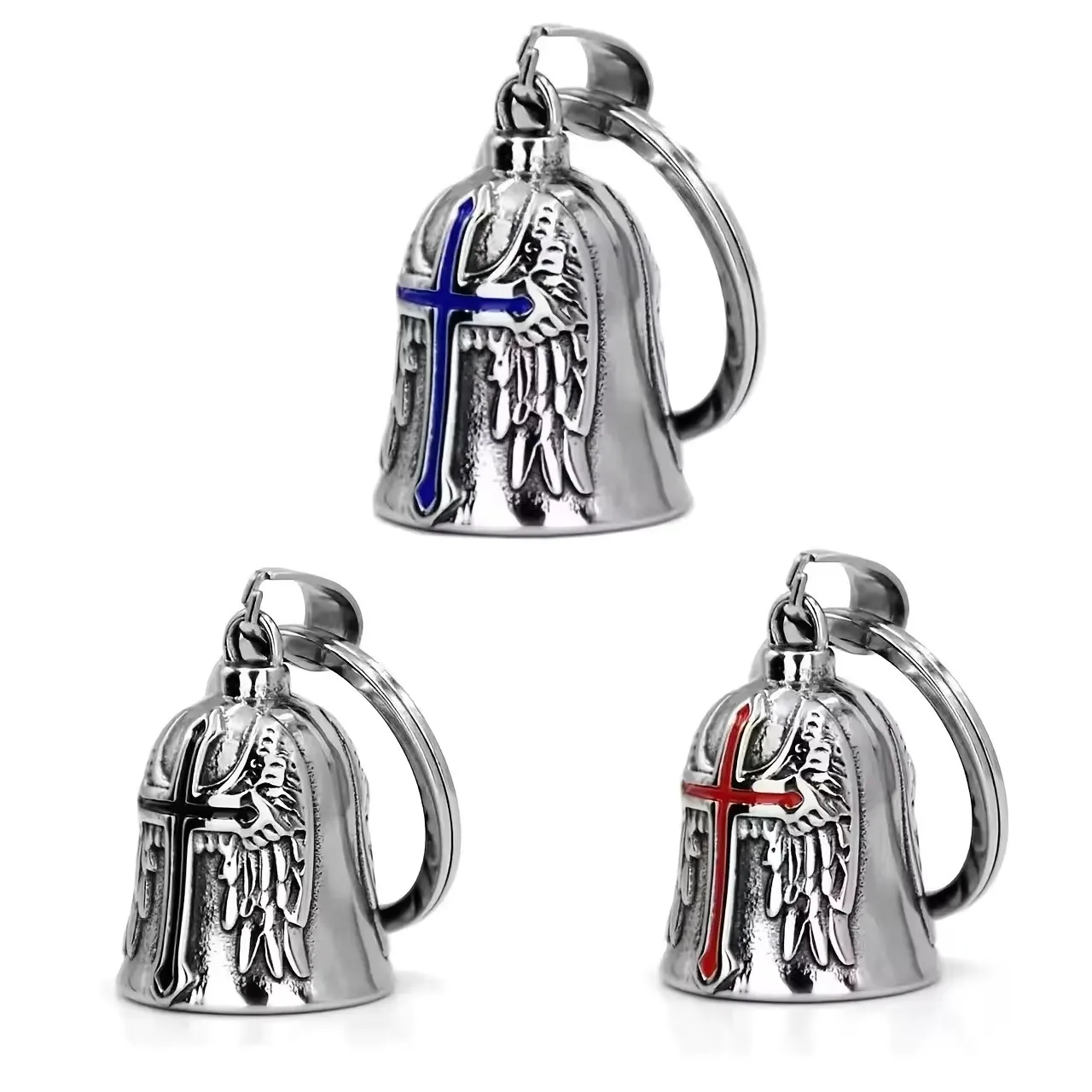 LLavero de campana de motocicleta con alas de Ángel cruzadas tricolor, accesorios de amuleto para exorcismo de motociclismo para hombre
