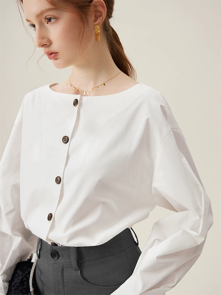 FSLE Niche Professional Design One-line Collar Top for Women Spring New Office Lady White 100% Cotton Shirt Female 24FS11032