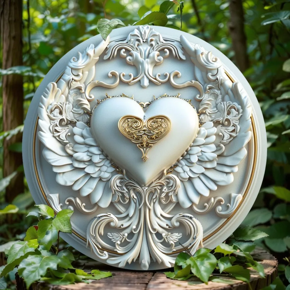 

Classic Style Round Aluminum Wall Art Sign, Heart and Feather Design, Home and Office Decoration, Ideal Thanksgiving Decor Gift