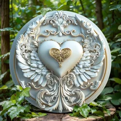Classic Style Round Aluminum Wall Art Sign, Heart and Feather Design, Home and Office Decoration, Ideal Thanksgiving Decor Gift