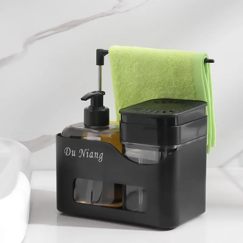 1pcs Hand Soap Dispenser Plastic Kitchen Sink Organizer with Sponge Brush All-in-One Pump