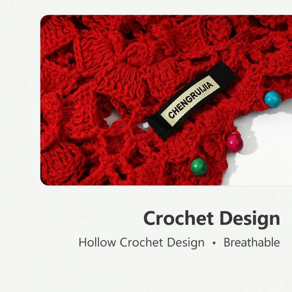 Openwork Crochet Knitted Beanie Drawstring Strap Color Bead Tassel Crochet Headwrap Soft Yarn Fabric Hand‑hooked Craft