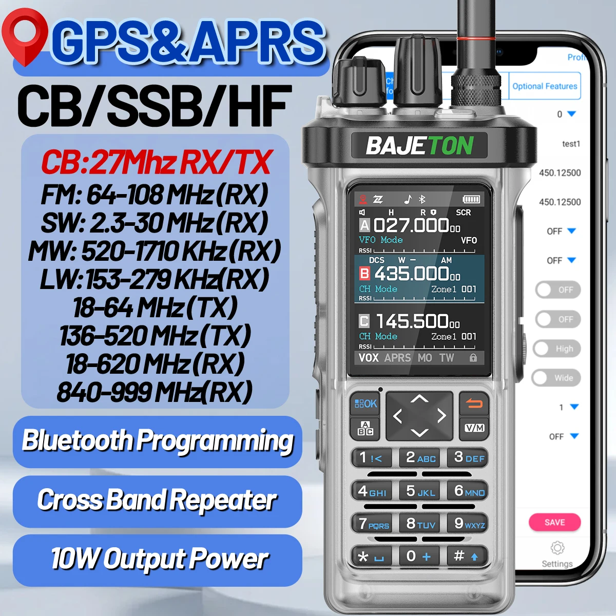 BAJETON BJ-9000 GPS APRS Walkie Talkies CB 27Mhz transceptor SW MW LW AM recibir programación Bluetooth Radio de onda corta RT-950