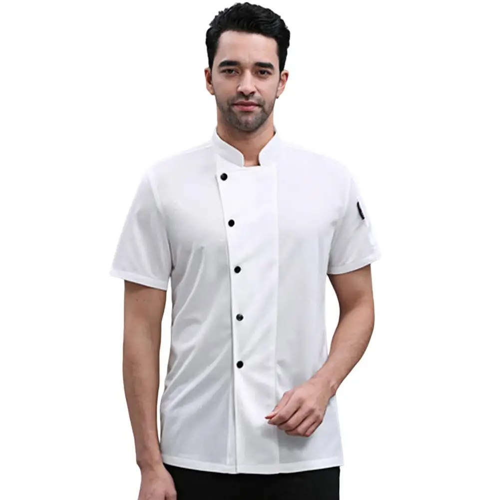 Stain Proof Restaurant Kitchen Uniform Men Chef Shirt Stand Collar Single Breasted Hotel Chef Clothes Short Sleeve Chef Outfit