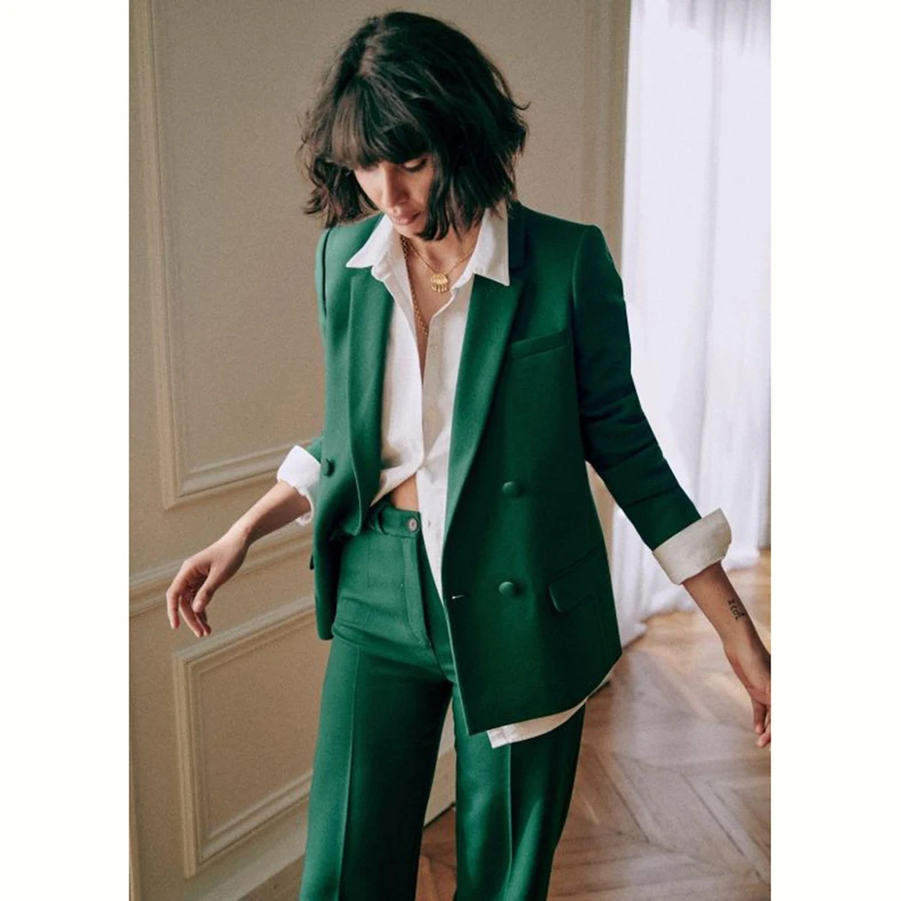 Smart Pretty Green Women Suit Double Breasted 2 Piece Jacket Pants Notch Lapel Female Clothing Slim Fit Office Lady Blazer Set