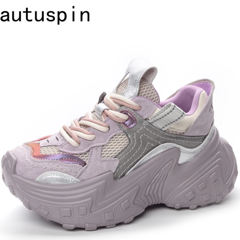 

Autuspin 5cm Med Heel Platform Women Sneakers Summer Autumn Breathable Genuine Leather Patchwork Mesh Shoes Woman Outdoor Tide