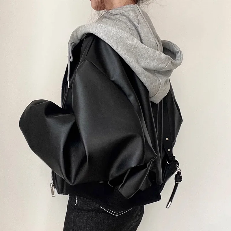 Korean Style Hooded PU Leather Bomber Jacket Vintage Leatner Jacket for Women Loose Spring Autumn Coats Outerwears Women Clothes