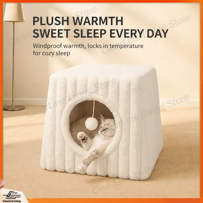 Winter Thermal Cat House Semi Enclosed Pet Bed Removable Washable Litter Box Cover Cozy Warm Kitty Cave Indoor Outdoor