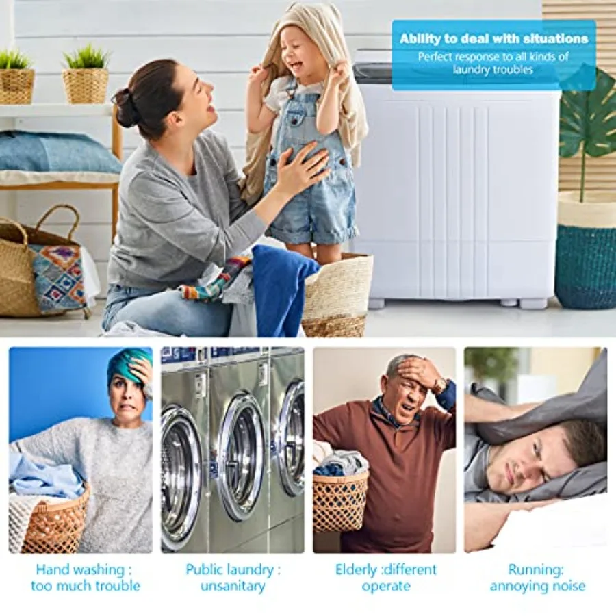 غسالة محمولة من COSTWAY حوض مزدوج بسعة 21 رطل مع مقابض تحكم ومضخة تصريف مدمجة ماكينة غسيل مدمجة