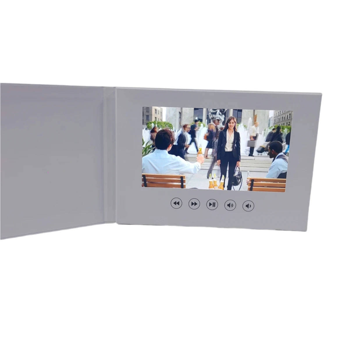 All white 7 inches hard cover video brochure with IPS screen 4G memory best price support customize magnet activation 5 buttons