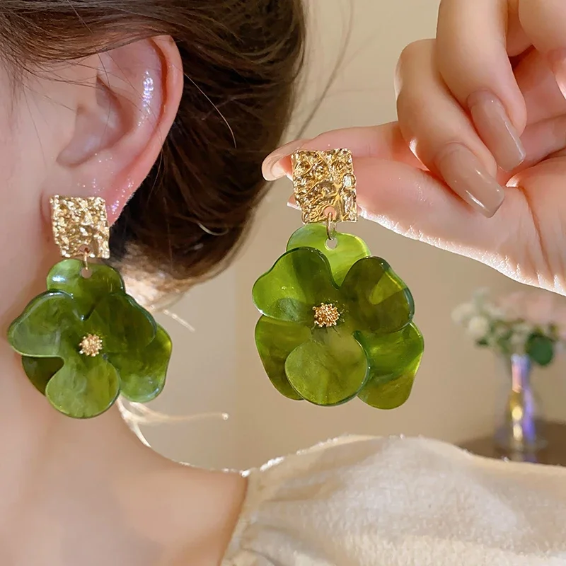 Green Petal Flower Earrings For Women Vintage Acrylic Pendientes Drop Earrings Beach Vacation Ear Jewelry Party Gifts K