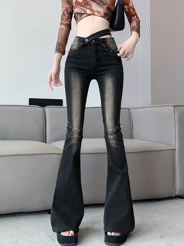 

Goth Dark Y2k High Waist Punk Women Jeans Punk Gothic Fall Flare Denim Pants With Sashes Gothic Eyelet Patchwork Trousers