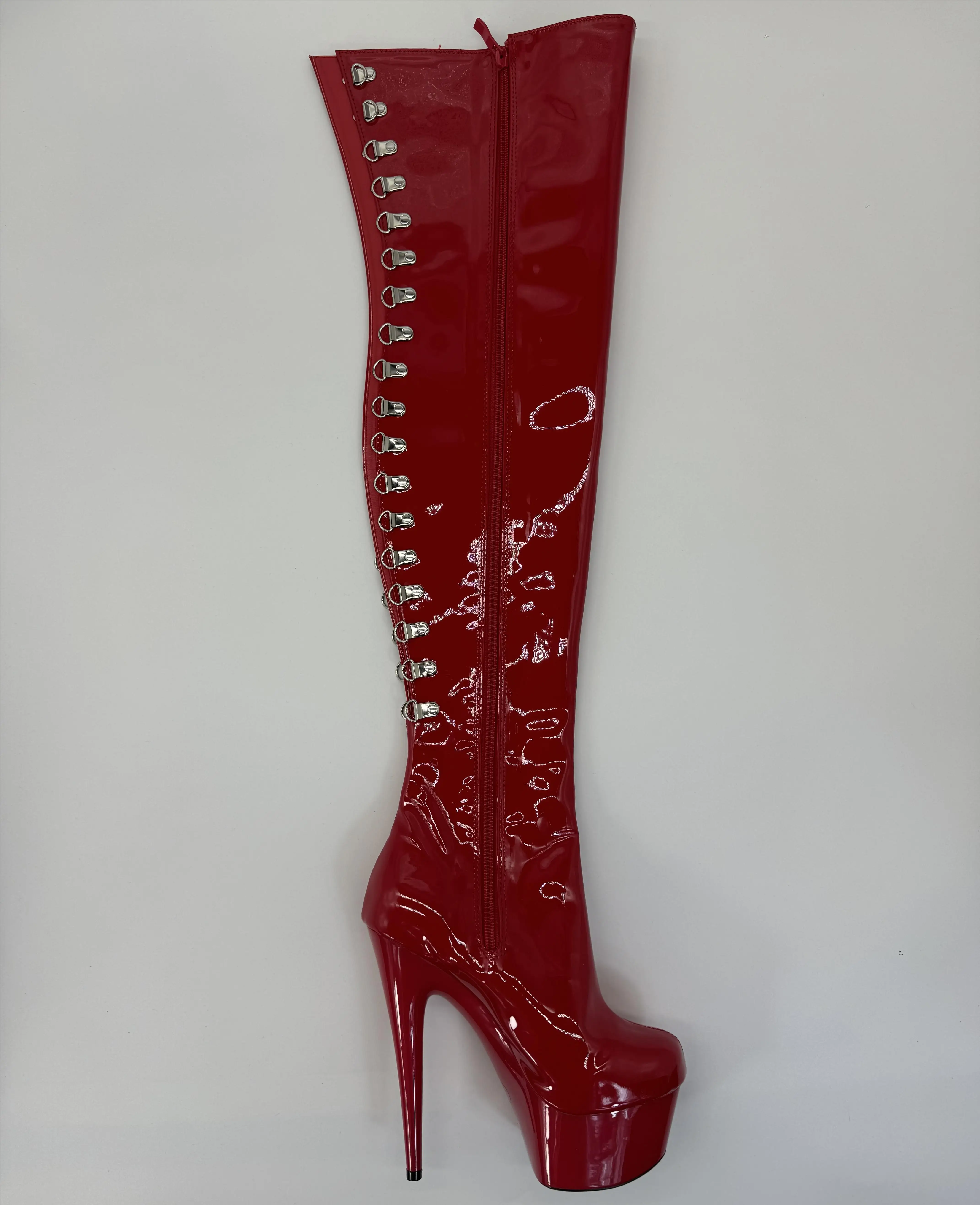 

Sexy over-the-knee boots with 17cm heels, stage party runway shoes, and pole dancing boots with a 7in lace-up at the back