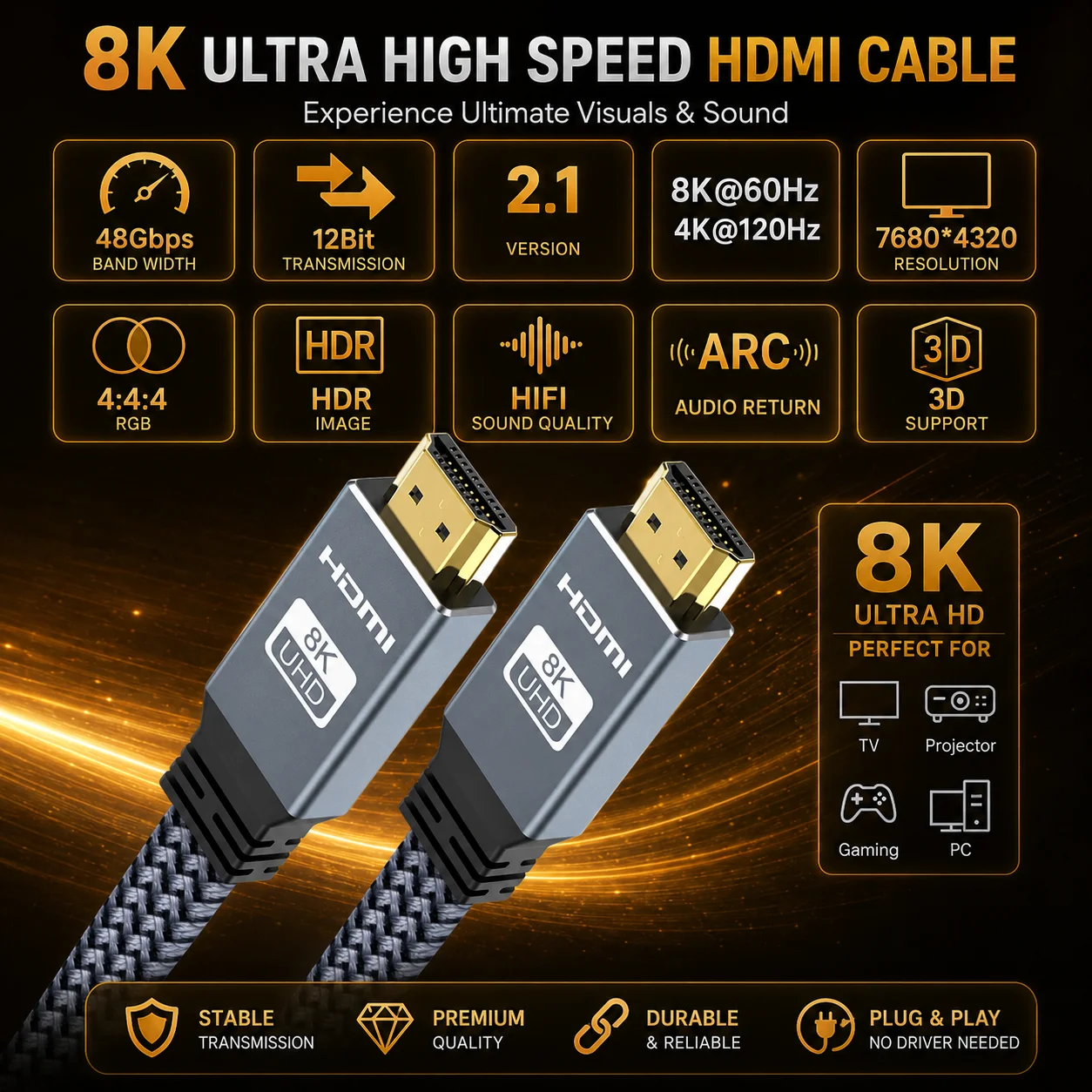 8K HDMI 2.1 Cable, 48Gbps Flat Braided HDMI Cord, Supports 8K60Hz and 4K120Hz, Aluminum Alloy Shell for TV, Monitor, Projector