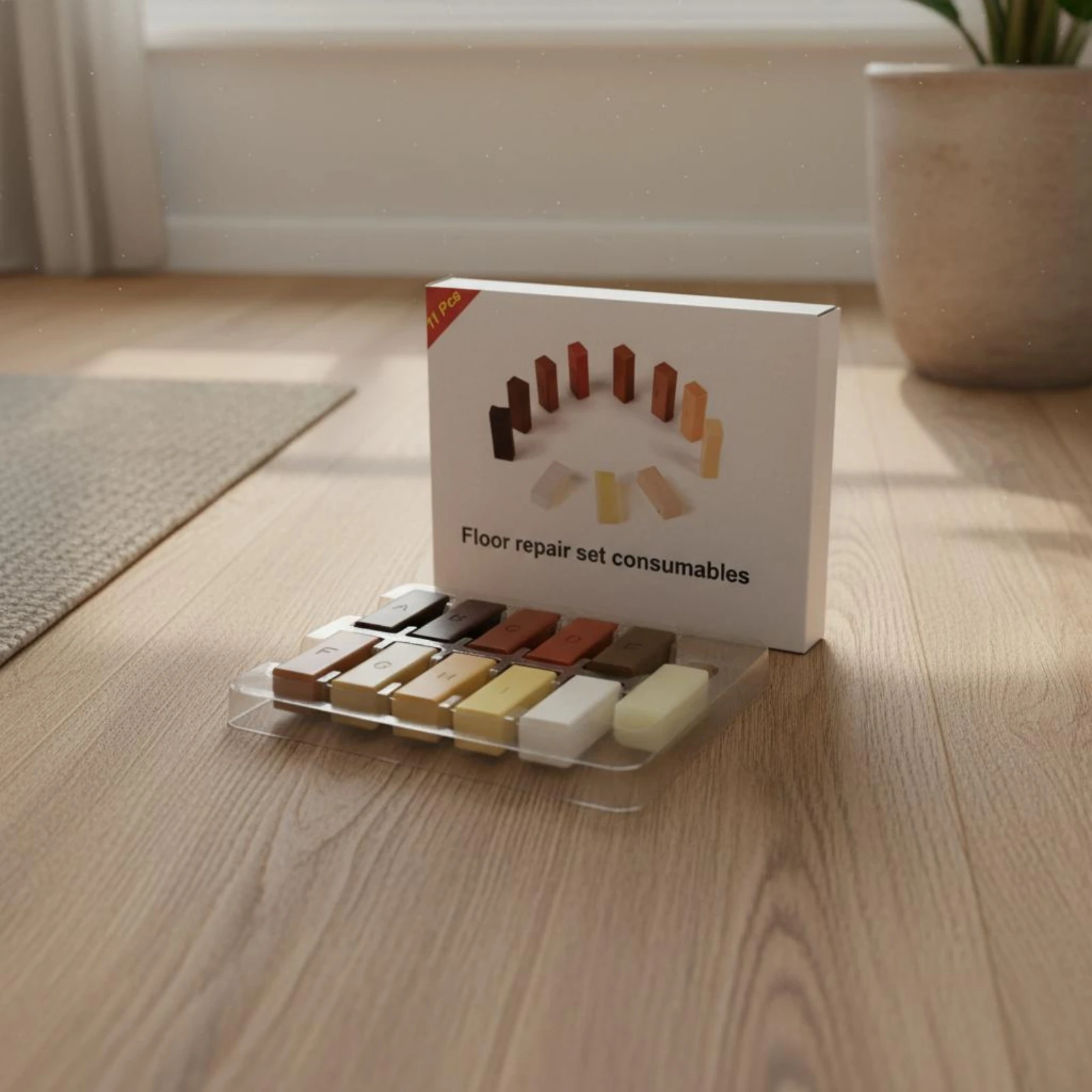 

11 Pieces Wood Floor Repair Sealant Set Assorted Colors Floor Repair Sealant Blocks Letter Marked Clear Tray