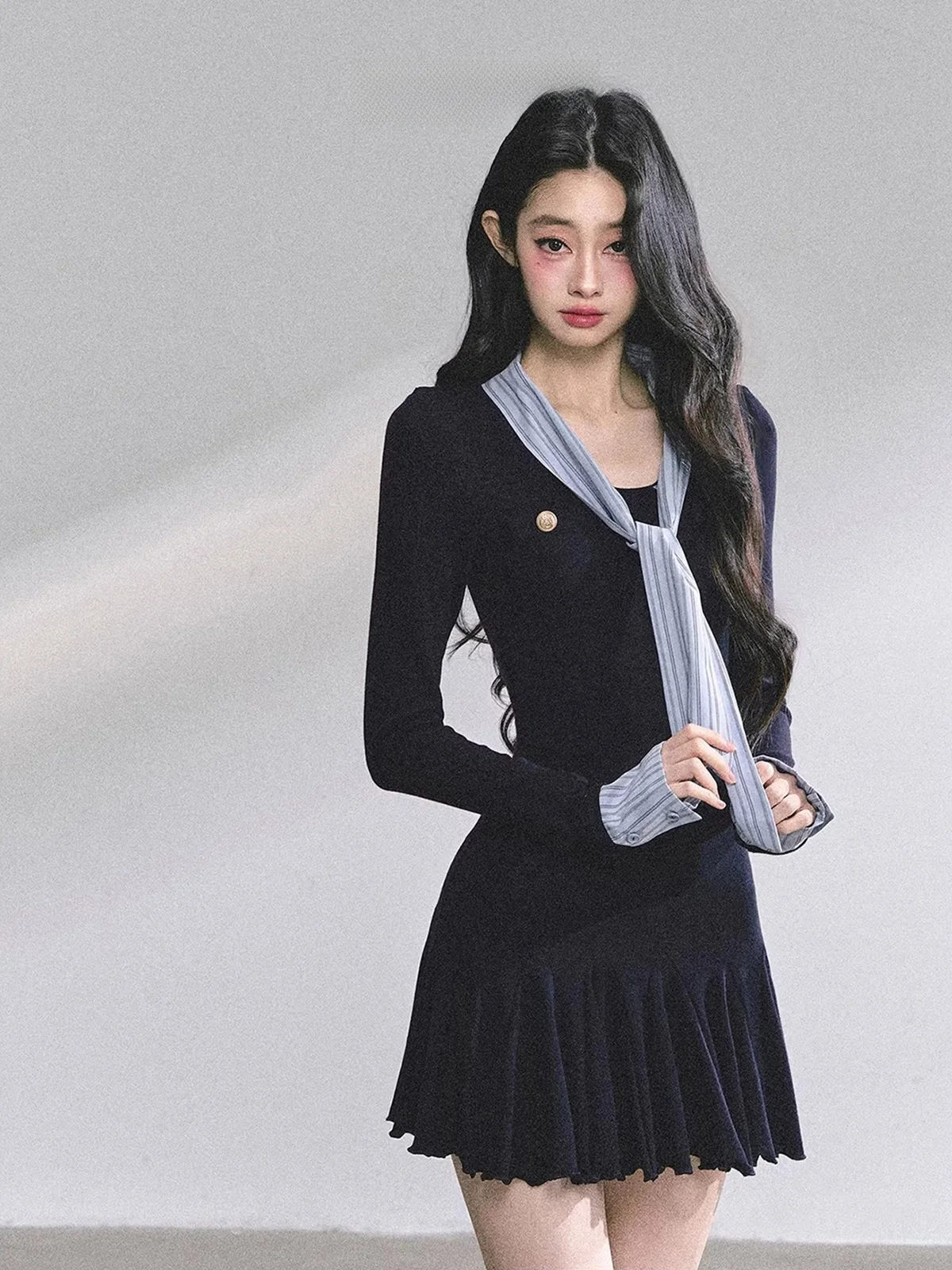 

AOMALM Spicy Girl American Style Long Sleeve Women's Dress Wrap around Skirt Stripe Short Skirt Casual Daily Polyester Fabric
