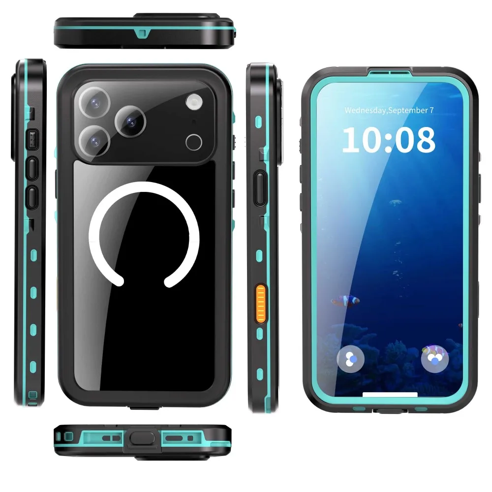 حافظة مقاومة للماء IP68 لهاتف أبل آيفون 17 16 16E 15 14 13 Pro Max مقاومة للصدمات والغوص والسباحة والرياضة الخارجية وشحن مغناطيسي