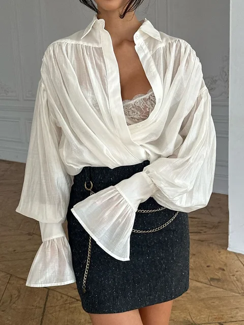 Tossy Casual luźne przezroczyste koszule damskie jesienne klapy z długim rękawem patchworkowa bluzka Top Streetwear kobiece solidne koszule Top