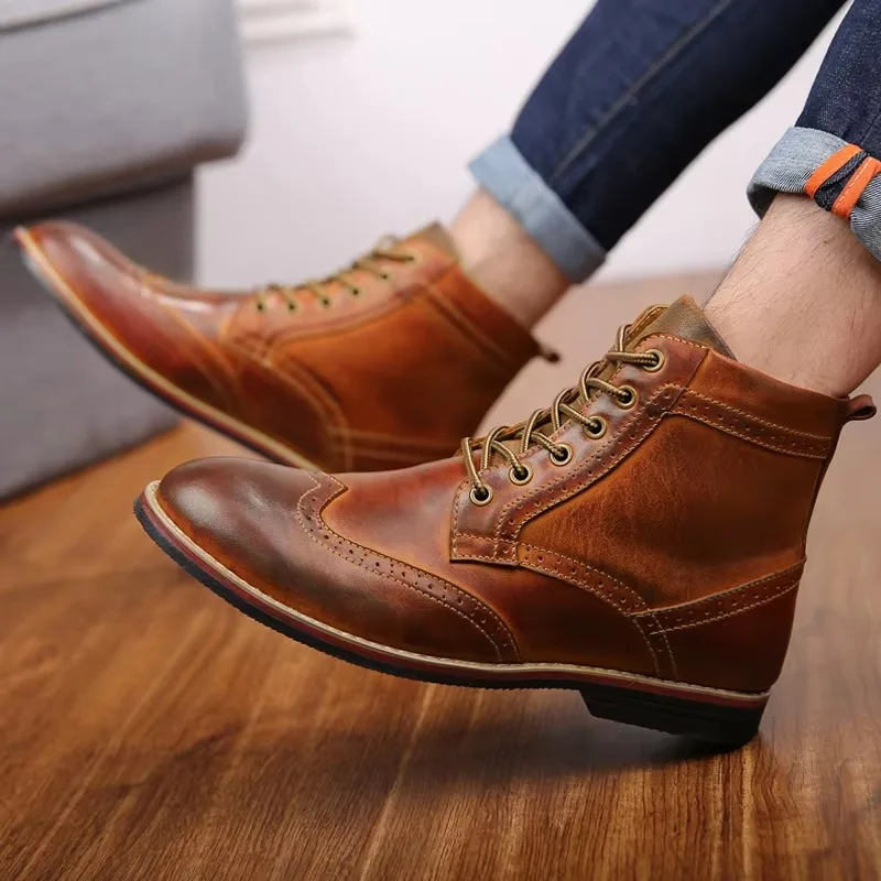 2024 Autumn NEW Men Boots Big Size 38-47 Vintage Brogue College Style Men Shoes Casual Fashion Lace-up Warm Boots For Man Brown