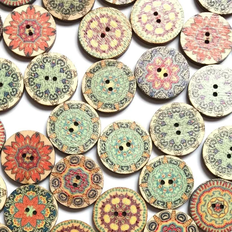 الرجعية خشبية زر دائري أزرار الخياطة سكرابوكينغ مختلط اللون DIY الملابس، الدمى الحرف، الملابس والاكسسوارات، 15-25 مللي متر، 50 قطعة