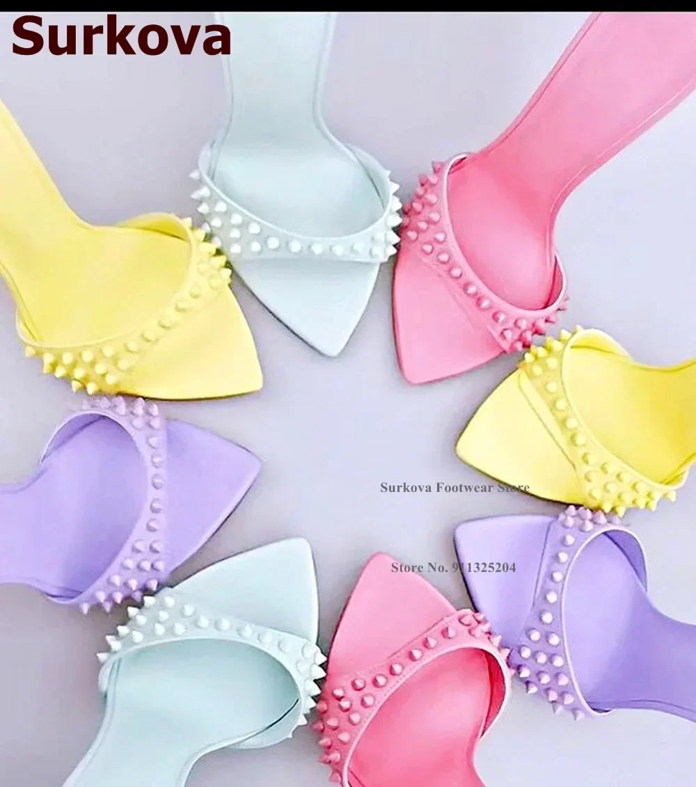 Surkova Thin High Heel Rivets Pointed Toe Slippers Slip-on Sexy Spikes Summer Sandals Dress Shoes Purple Pink Yellow
