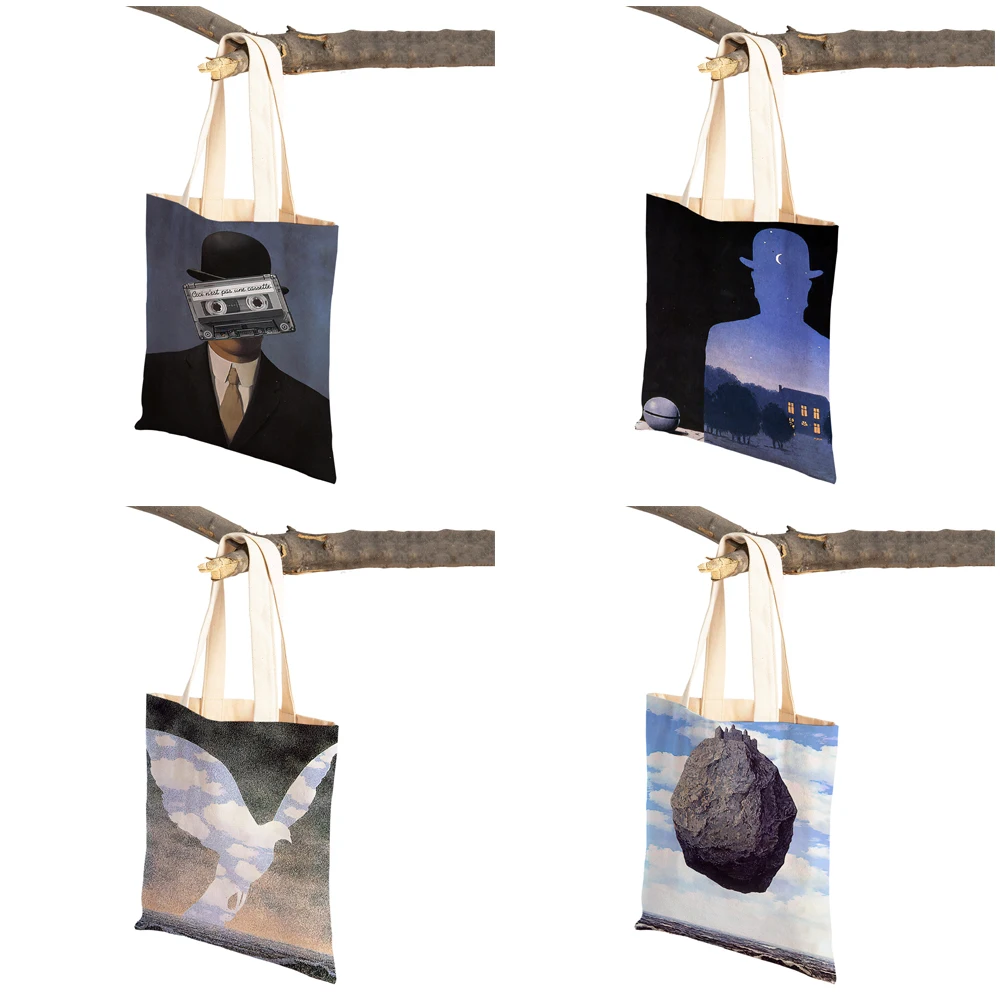 Rene Magritte Painting Surrealism Shopping Bags for Women Double Sided Print Casual Geometric Art Canvas Handbag Shopper Bag