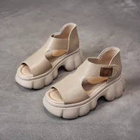 Retro Roman Style Thick Bottom Platform Sandals Women's Magic Tape Casual Wear 8cm Heel Genuine Leather Summer New Arrival