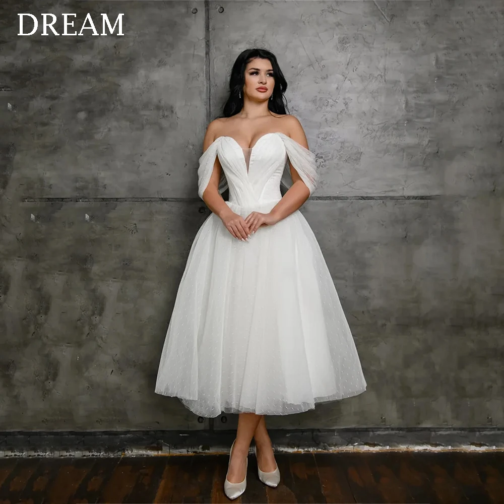 

DREAM Elegant Midi Ivory Wedding Dresses Off Shoulder Tea-Length A-Line Brides Dress Tailor-Made Women Vestidos De Novias 2024