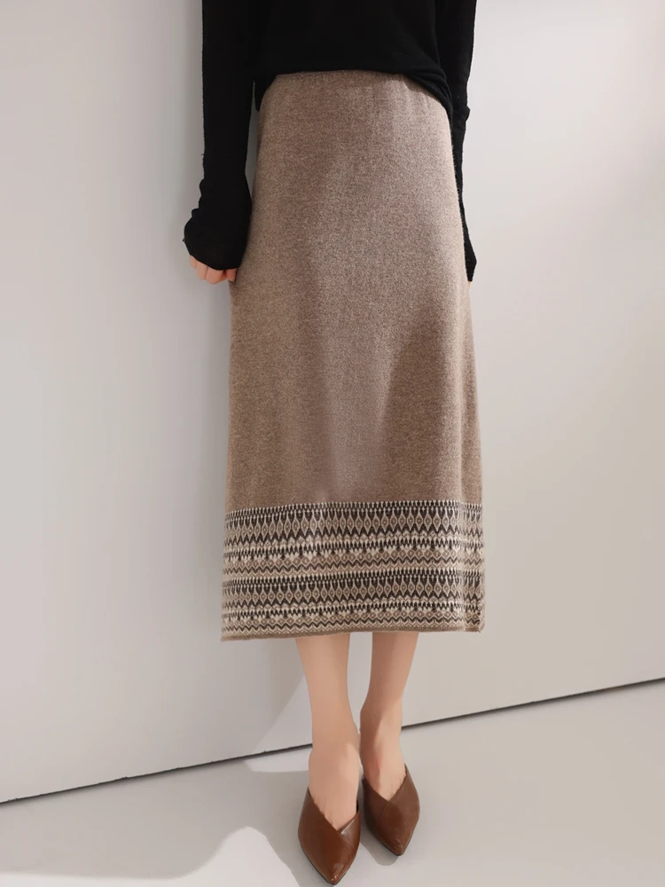 Ethnic Style Woman 100% Merino Wool  Hem Knitted Midi Skirt Cashmere Soft Wool Knitwear Mid Length Skirt Fluffy Warm Clothing