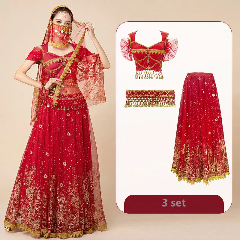 Haremskostüm Damen OTMYIGO Erwachsene Prinzessin Festival Bauchtanz Top Kleid Set Indischer Sari Jasmin Halloween Cosplay Kostüm Bollywood Rave Wettbewerb Outfit,Blau,M Aladin Jasmin Kostüm Damen