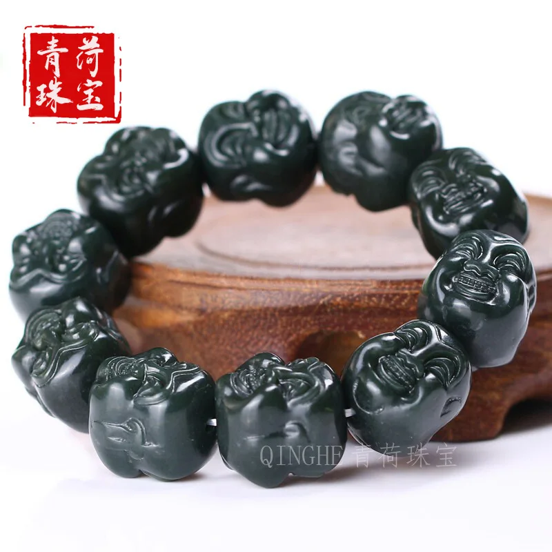 Hetian Men, Green Eighteen Arhats , Double-Sided Bracelet, Natural Jade Buddha Beads