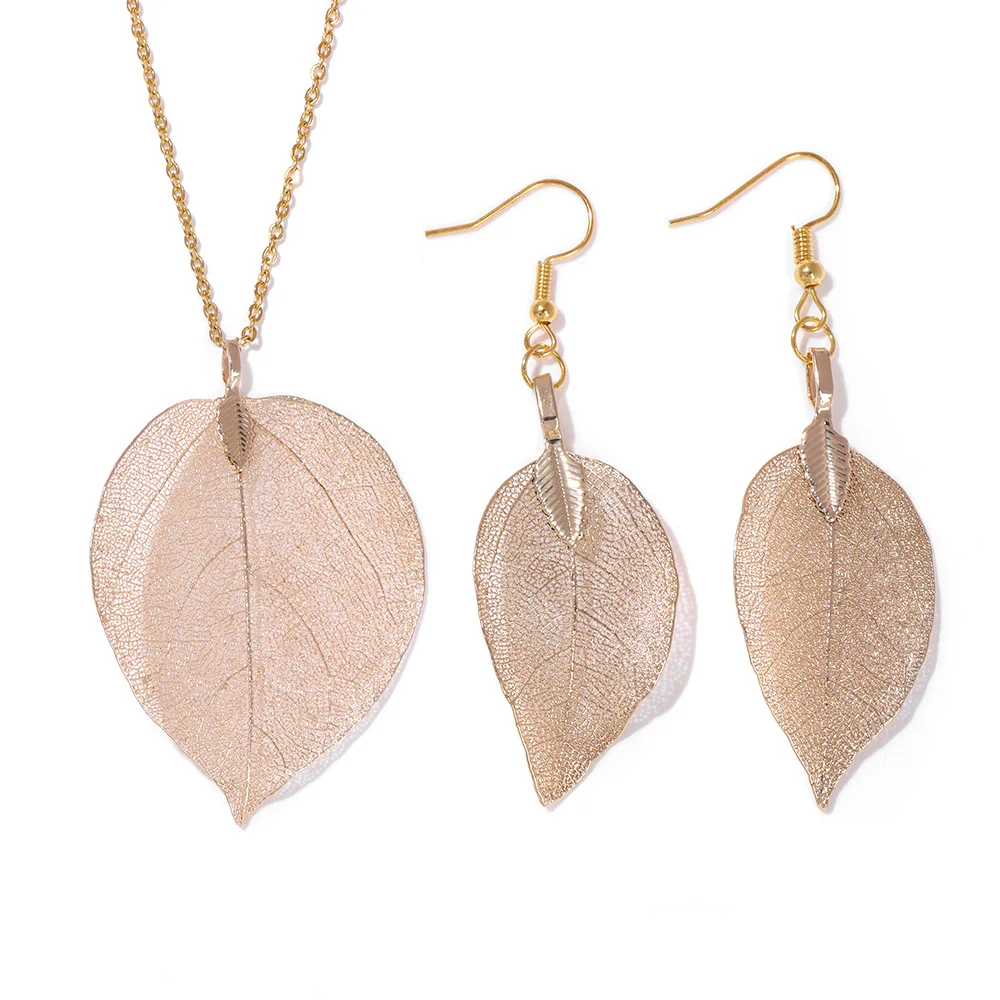 Women's Electroplated Gold Leaves Necklace & Drop Earrings Set