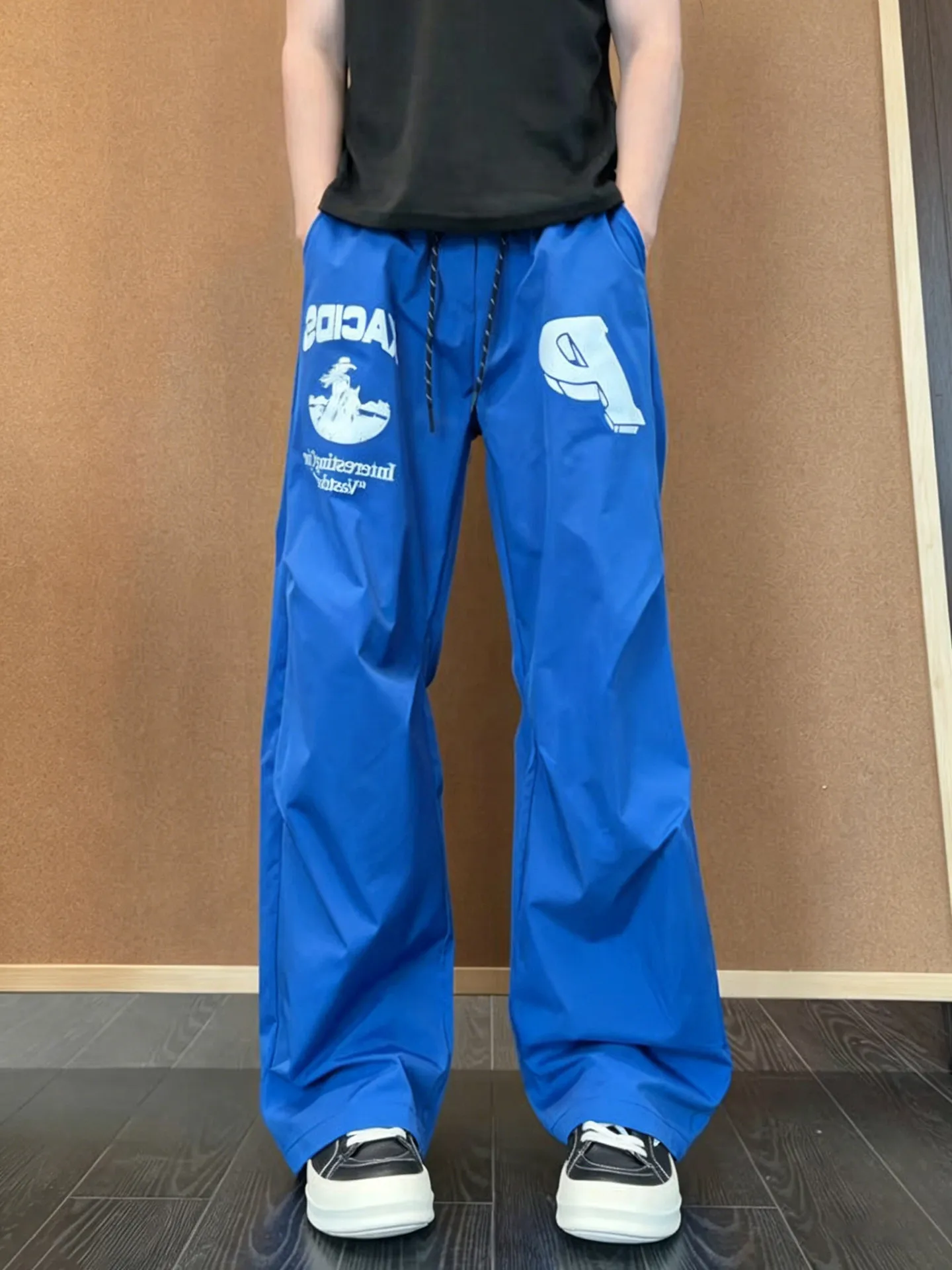 Pantalones de trabajo de paracaidista americano de seda helada azul Klein para hombre, finos de verano, estilo hiphop, acampa...